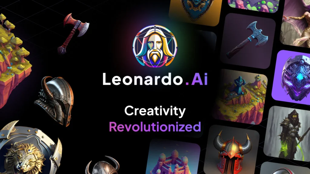 “Leonardo AI platform banner showing fantasy-style AI-generated game assets, weapons, helmets, and environments with the text ‘Creativity Revolutionized’.”
