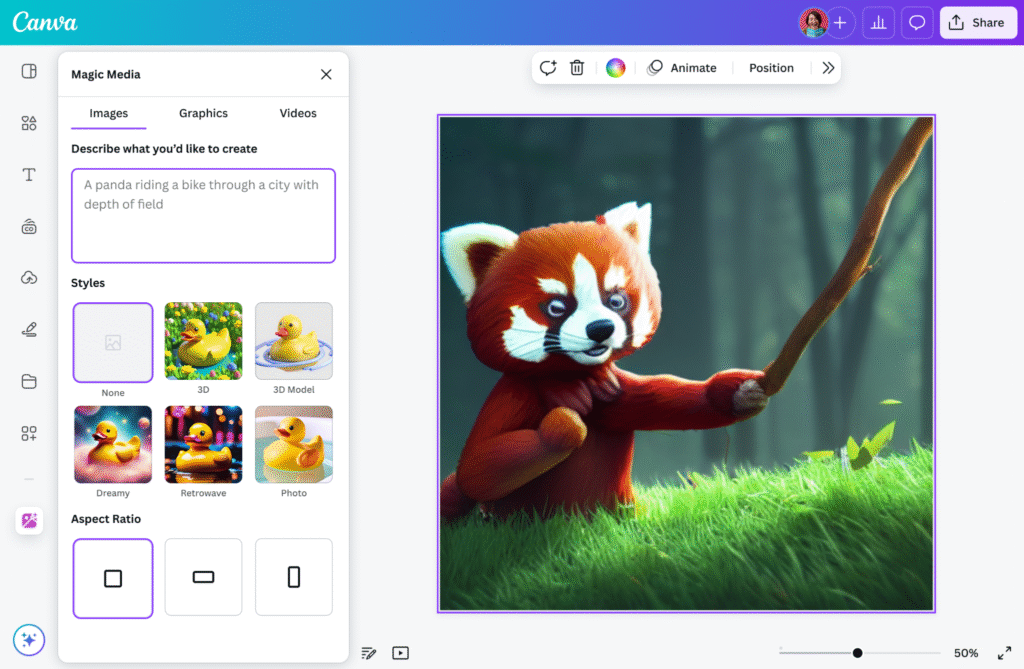 “Canva Magic Media AI image generator interface showing a cute red panda holding a stick in a forest, created using text-to-image tools.”