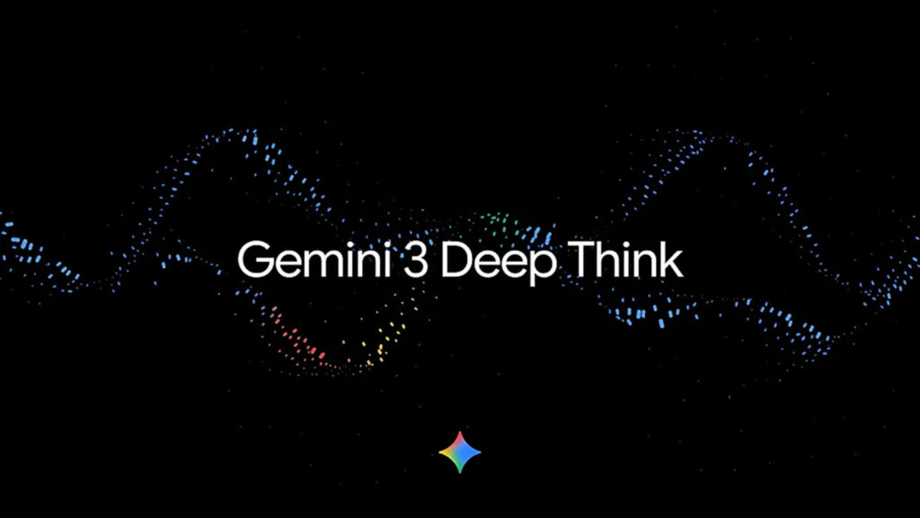 “Gemini 3 Deep Think” text displayed over a dark background with colorful digital wave patterns representing advanced artificial intelligence and data processing.