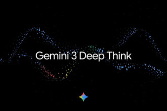 “Gemini 3 Deep Think” text displayed over a dark background with colorful digital wave patterns representing advanced artificial intelligence and data processing.