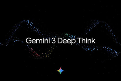 “Gemini 3 Deep Think” text displayed over a dark background with colorful digital wave patterns representing advanced artificial intelligence and data processing.
