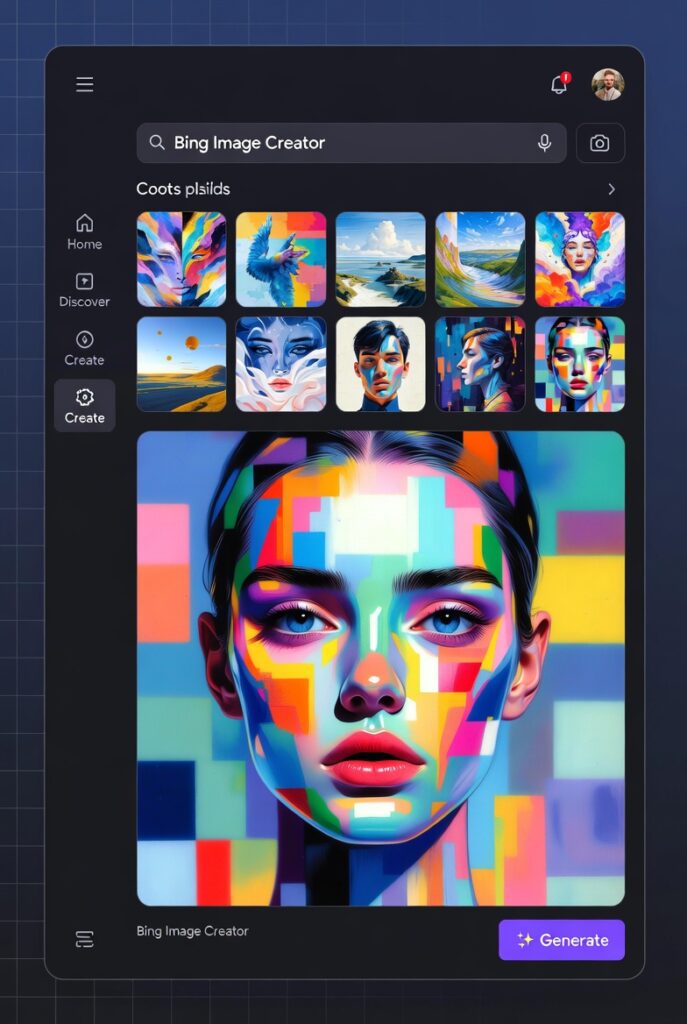 “Bing Image Creator interface displaying colorful AI-generated portraits and artwork with a large abstract face image and generate button.”
