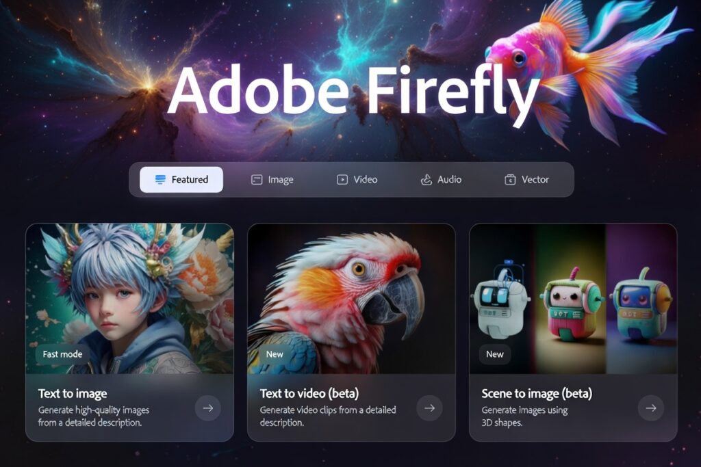 “Adobe Firefly AI interface showing text-to-image, text-to-video, and scene-to-image tools with colorful AI-generated artwork and creative options.”