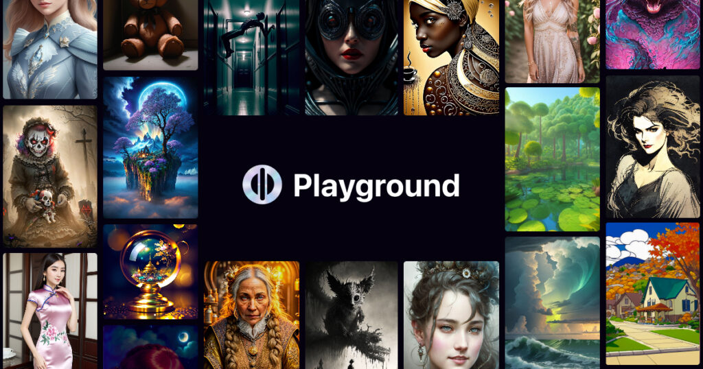 “Playground AI image generator banner displaying multiple AI-generated artworks including fantasy scenes, portraits, landscapes, and creative illustrations around the Playground logo.”